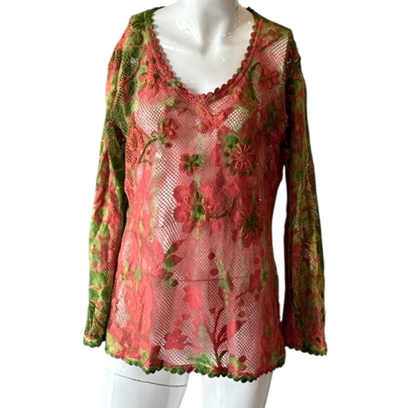 Raj Boho Floral Embroidered Coral & Green Cotton Mesh Tunic Size Medium - Picture 12 of 12